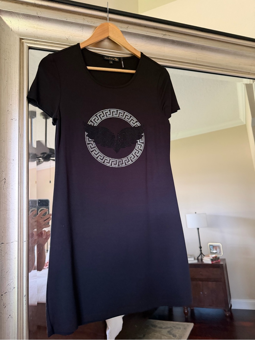 Black Short-Sleeve Mini Dress with Embellished Medallion